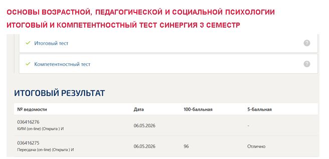 Основы возрастной, педагогической и социальной психологии, итоговый и компетентностный тест – 3 семестр. Синергия