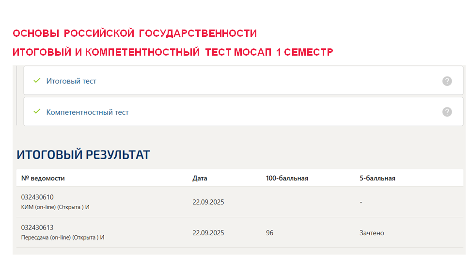 Основы российской государственности. Итоговый и компетентностный тесты. 1 семестр. Синергия