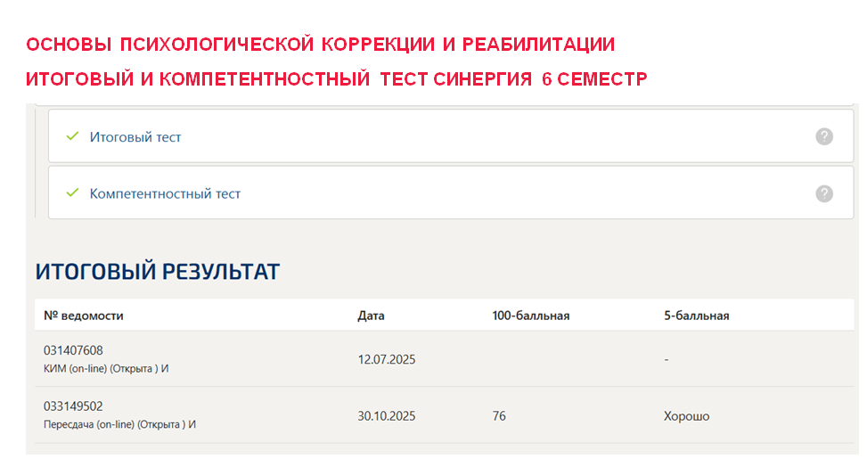 Основы психологической коррекции и реабилитации. Итоговый и компетентностный тесты. 6 семестр. Синергия