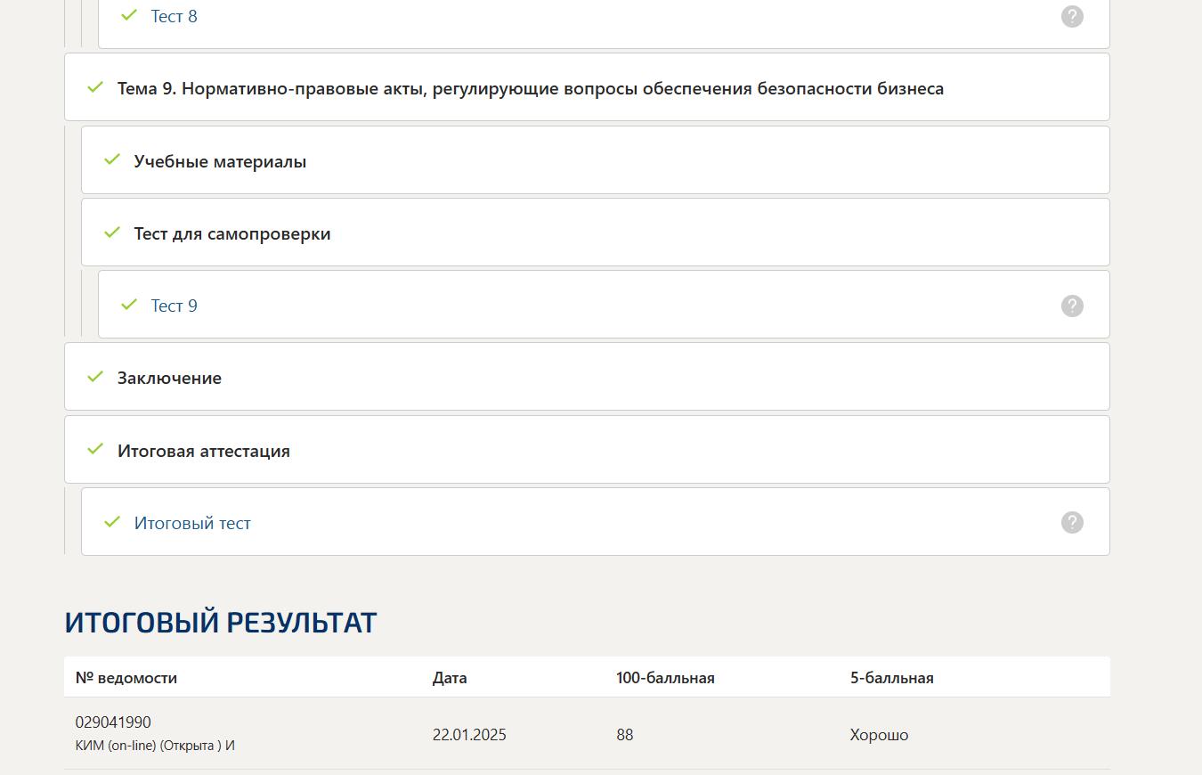 Обеспечение безопасности бизнеса- промежуточные тесты и итоговый тест 7 семестр Синергия