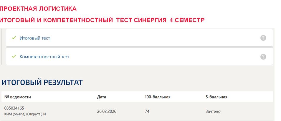 Проектная логистика, итоговый и компетентностный тест – 4 семестр. Синергия