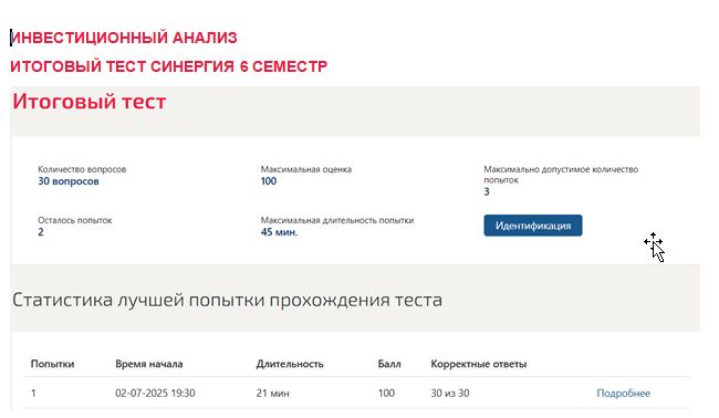 Инвестиционный анализ. Итоговый тест. 6 семестр. Синергия