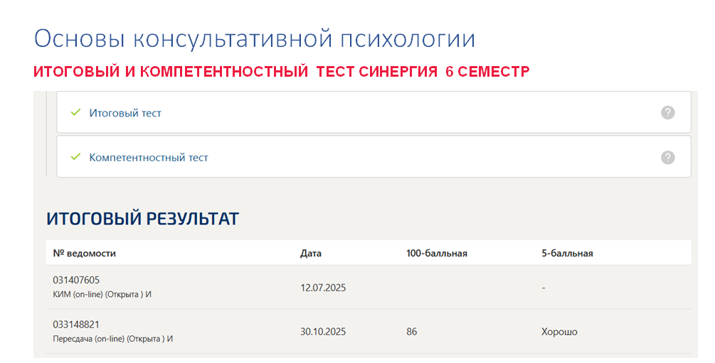 Основы консультативной психологии. Итоговый и компетентностный тесты. 6 семестр.Синергия