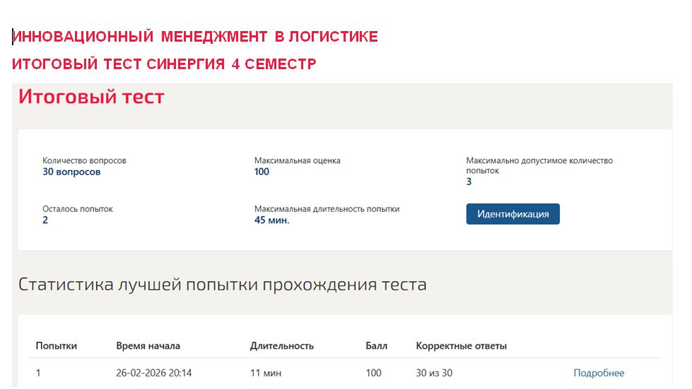 Инновационный менеджмент в логистике, итоговый тест – 4 семестр. Синергия