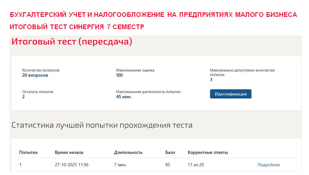 Бухгалтерский учет и налогообложение на предприятиях малого бизнеса. Итоговый тест. 7 семестр. Синергия