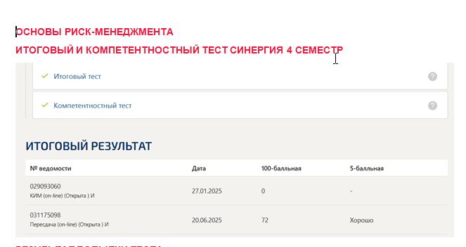 Основы риск-менеджмента. Итоговый и компетентностный тесты. 4 семестр. Синергия