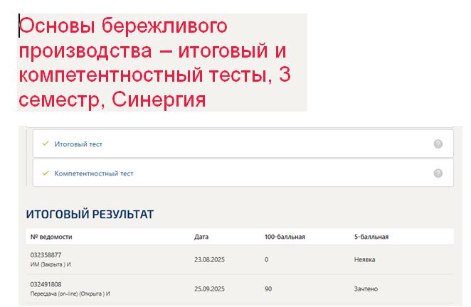 Основы бережливого производства – итоговый и компетентностный тесты, 3 семестр, Синергия