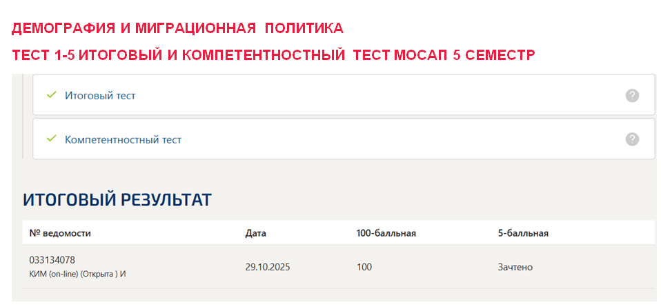 Демография и миграционная политика – промежуточные 1-5, итоговый и компетентностный тесты. 5 семестр. Синергия 