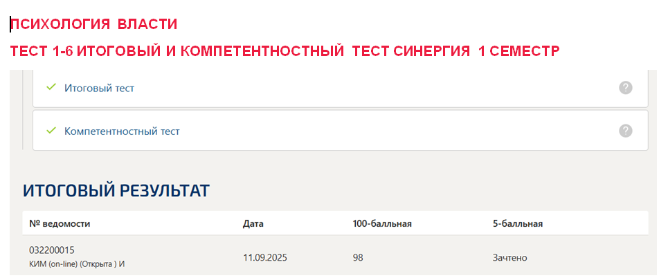 Психология власти – промежуточные 1-6, итоговый и компетентностный тесты. 1 семестр. Синергия