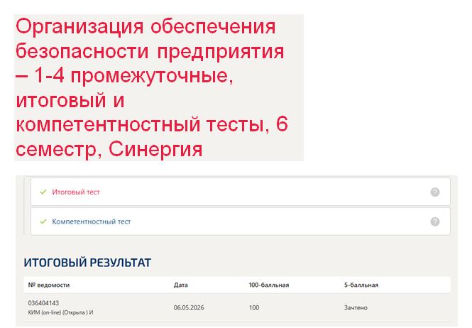 Организация обеспечения безопасности предприятия 1–4 промежуточные, итоговый и компетентностный тесты – 6 семестр. Синергия