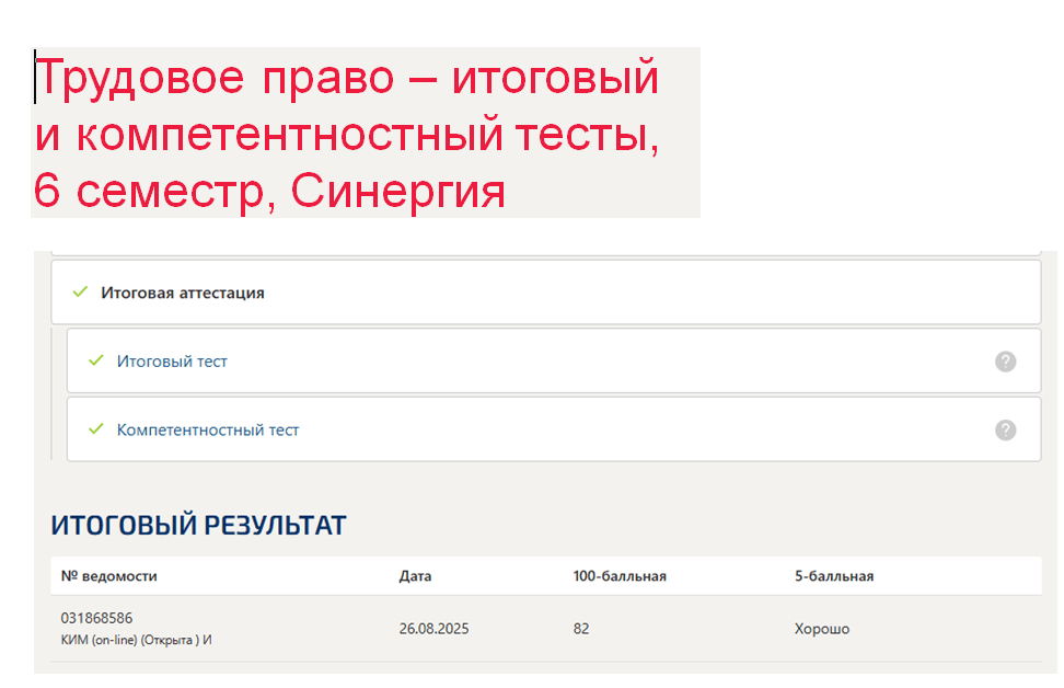 Трудовое право – итоговый и компетентностный тесты. 6 семестр. Синергия
