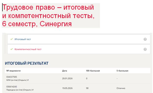 Трудовое право – итоговый и компетентностный тесты, 6 семестр, Синергия