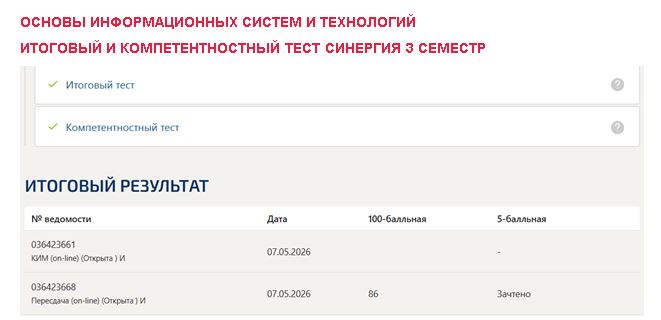 Основы информационных систем и технологий, итоговый и компетентностный тест – 3 семестр. Синергия