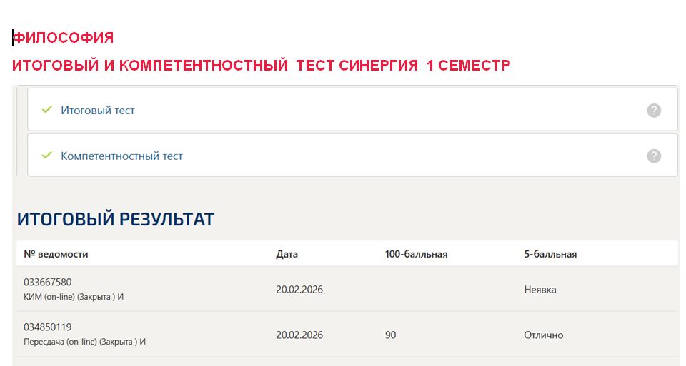 Философия, итоговый и компетентностный тест – 1 семестр. Синергия