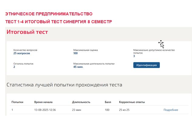 Этническое предпринимательство. Промежуточные (1-4), итоговый тесты. 8 семестр. Синергия