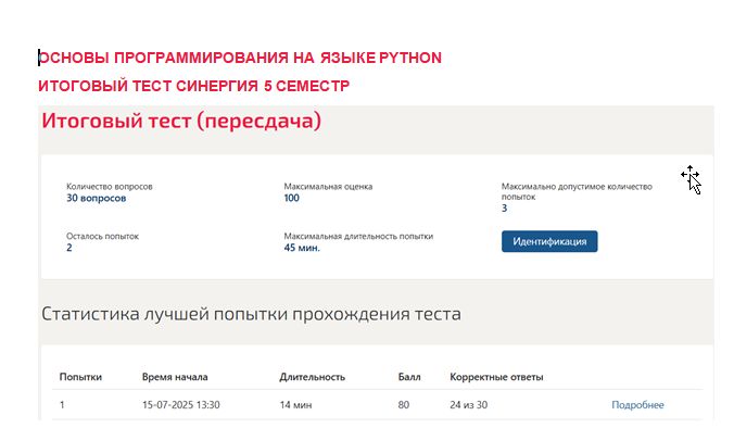 Основы программирования на языке Python. Итоговый тест. 5 семестр. Синергия
