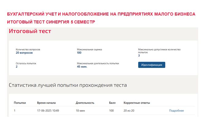 Бухгалтерский учет и налогообложение на предприятиях малого бизнеса. Итоговый тест. 5 семестр. Синергия