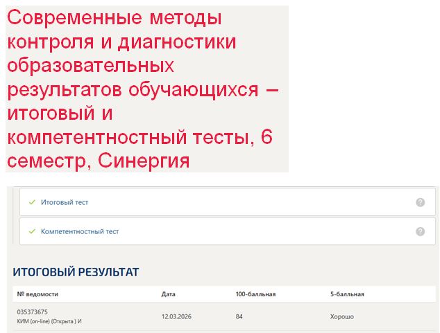 Современные методы контроля и диагностики образовательных результатов обучающихся – итоговый и компетентностный тесты, 6 семестр, Синергия