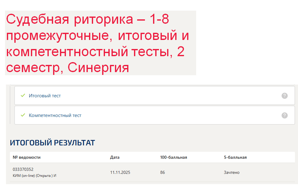 Судебная риторика – 1-8 промежуточные, итоговый и компетентностный тесты, 2 семестр. Синергия