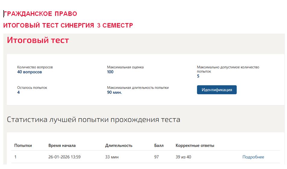 Гражданское право, итоговый тест – 3 семестр. Синергия