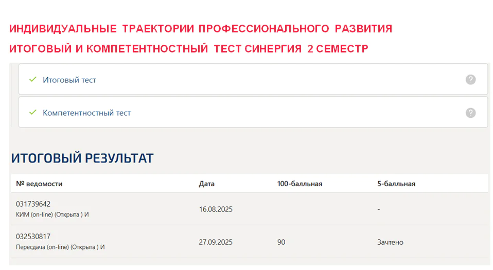 Индивидуальные траектории профессионального развития. Итоговый и компетентностный тесты. 2 семестр. Синергия